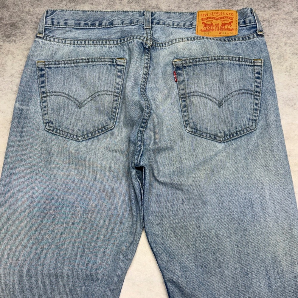 Levis 505 Regular Fit Mens 34x32 Light Wash Distressed Straight Leg Denim Jeans - Picture 11 of 14